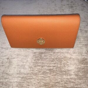 TORY BURCH Sunglasses Case orange Brown Leather case w/ Gold Logo Eyeglasses